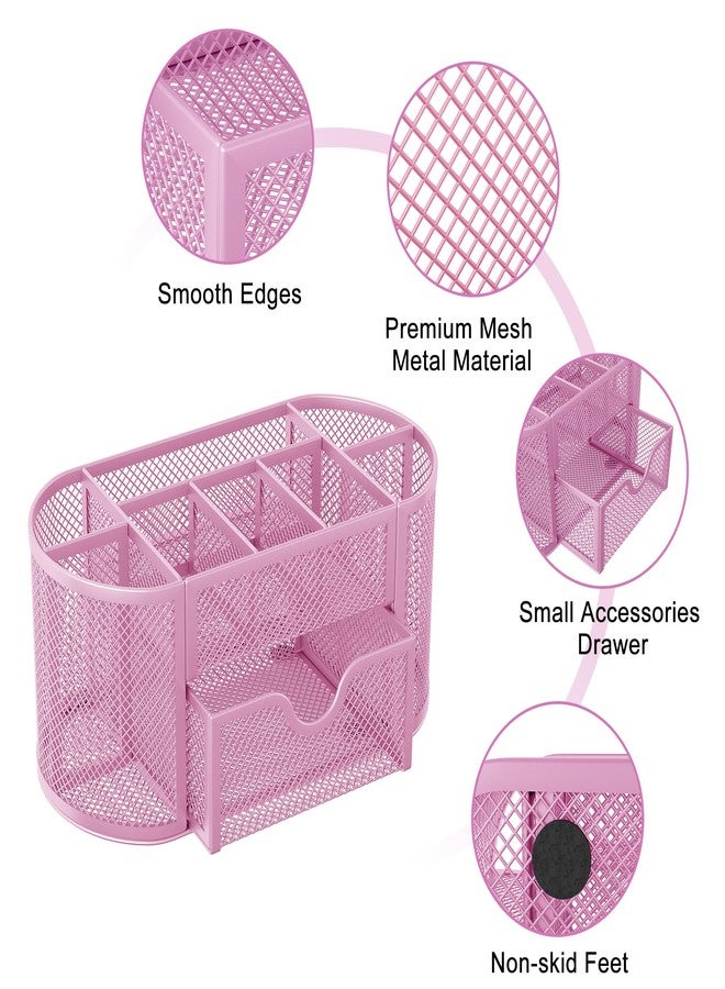 EasyPAG Mesh Desk Accessories Workspace Organizers 9 Compartment Pencil Holder Office Supplies Storage with Drawer ,Pink - Image 3