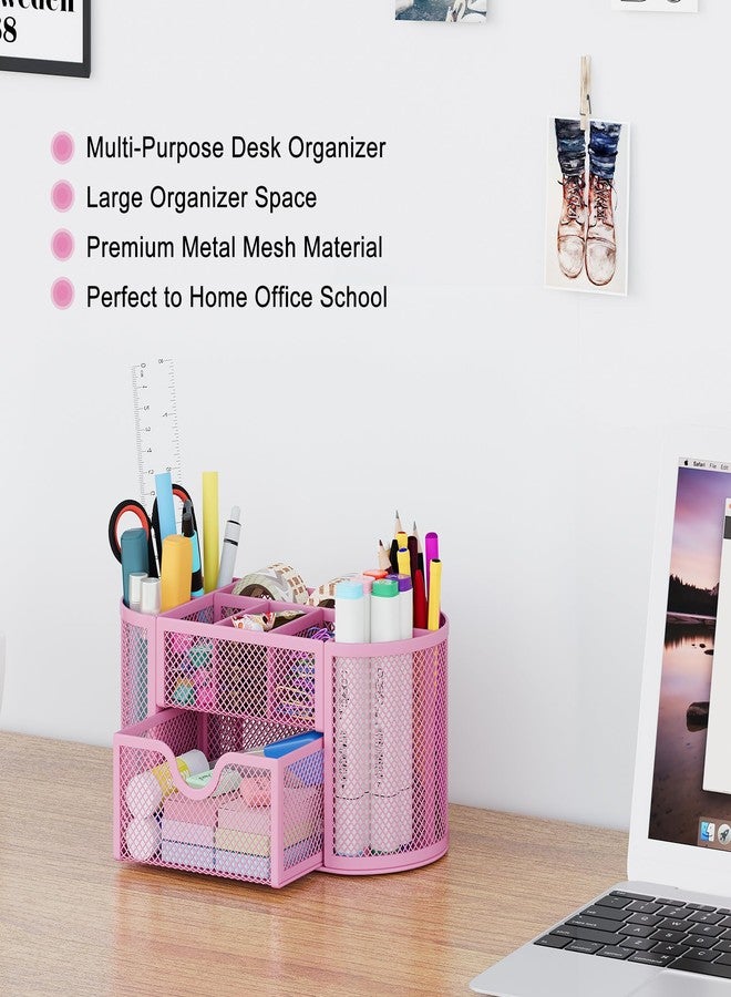EasyPAG Mesh Desk Accessories Workspace Organizers 9 Compartment Pencil Holder Office Supplies Storage with Drawer ,Pink - Image 2