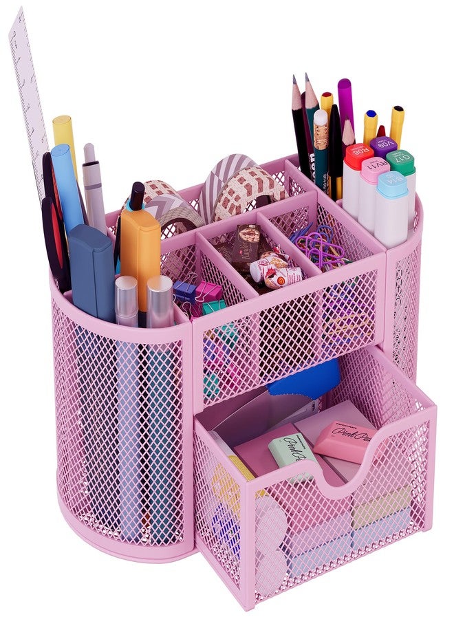 EasyPAG Mesh Desk Accessories Workspace Organizers 9 Compartment Pencil Holder Office Supplies Storage with Drawer ,Pink - Image 1