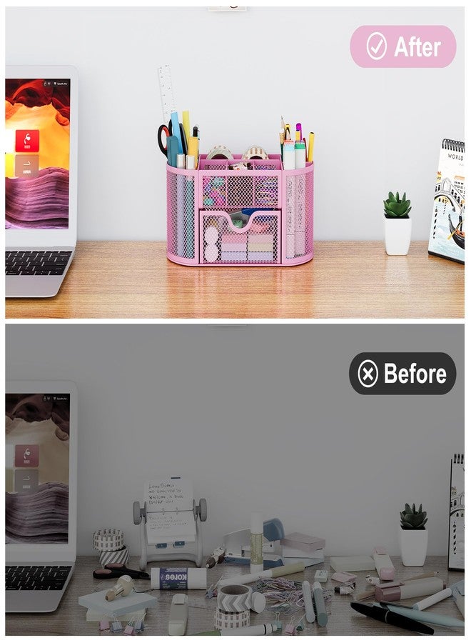 EasyPAG Mesh Desk Accessories Workspace Organizers 9 Compartment Pencil Holder Office Supplies Storage with Drawer ,Pink - Image 4