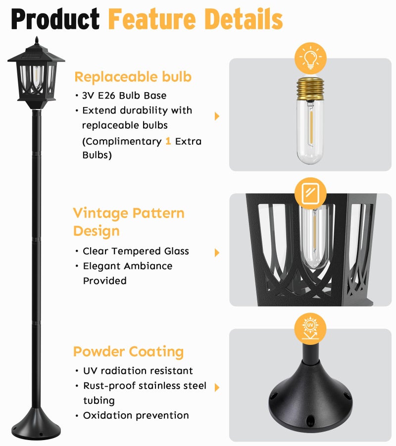 Joyoowild 63" Solar Lamp Post Light 2 Pack, Solar Light Posts for Outside Waterproof, Outdoor Lamps for Patio, Backyard, Front Porch Decor, Warm White, Replaceable Bulb - Image 3