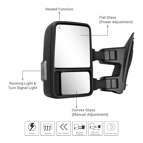 Sanooer Switchback Towing Mirror Compatible With 1999-2016 F250 F350 F450 F550 Super Duty Truck Pickup Side Tow Mirrors Power Adjusted Heated Glass Switchback Running Light Turn Lights Manual chrome - Image 2