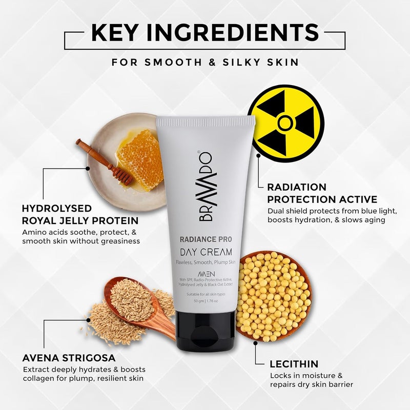 BRAVADO Radiance Pro Day Cream SPF Protection Against Sun Radiation Packed with Niacinamide Hyaluronic Acid and Peptides Skin Brightening Smooth Plump Skin All Skin Type 50g - Image 3