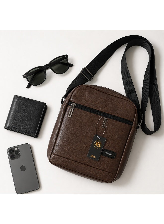 AB Sport Men's Brown Leather Look Crossbody Shoulder Bag with Adjustable Strap - Image 3