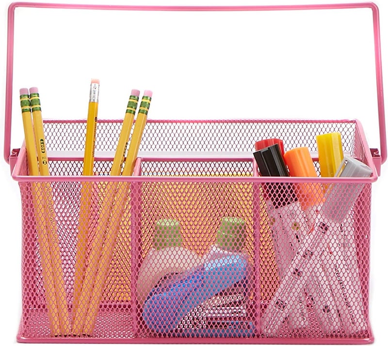 Mind Reader MESHBASKET-PNK Metal Handle, Storage Basket Organizer, Utensil Holder, Forks, Spoons, Knives, Napkins, Perfect for Desk Supplies, Pencils, Pens, Staples, Pink Mesh - Image 4
