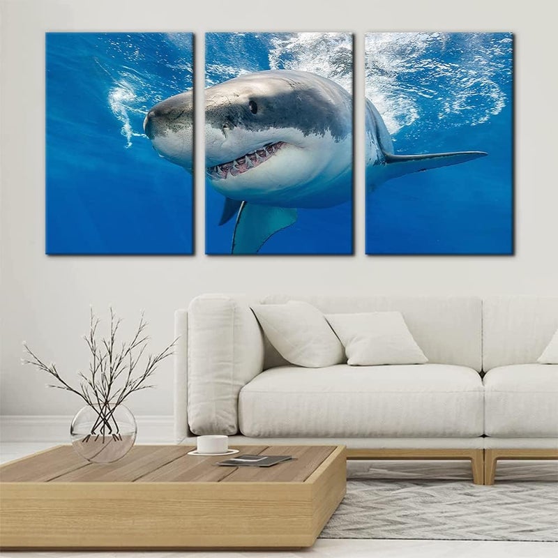Pacimo 3 Piece Blue Wall Art Painting Great White Shark Catching Fish At Guadalupe Island Pictures Prints on Canvas Animal The Picture Decor for Home Modern Decoration for Living Room - 16"x24"x3 Panels - Image 2