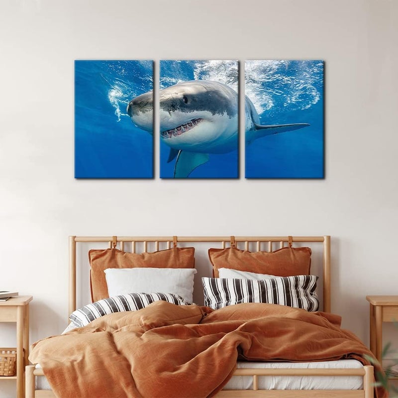 Pacimo 3 Piece Blue Wall Art Painting Great White Shark Catching Fish At Guadalupe Island Pictures Prints on Canvas Animal The Picture Decor for Home Modern Decoration for Living Room - 16"x24"x3 Panels - Image 4