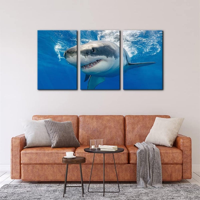Pacimo 3 Piece Blue Wall Art Painting Great White Shark Catching Fish At Guadalupe Island Pictures Prints on Canvas Animal The Picture Decor for Home Modern Decoration for Living Room - 16"x24"x3 Panels - Image 3