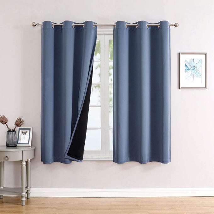 100 BLACKOUT CURTAINS FOR BEDROOM WITH BLACK LINER 2 THICK LAYERS TOTAL BLACKOUT THERMAL INSULATED GROMMET WINDOW CURTAINS 2 PANELS SET STONE BLUE 42 X 63 INCH