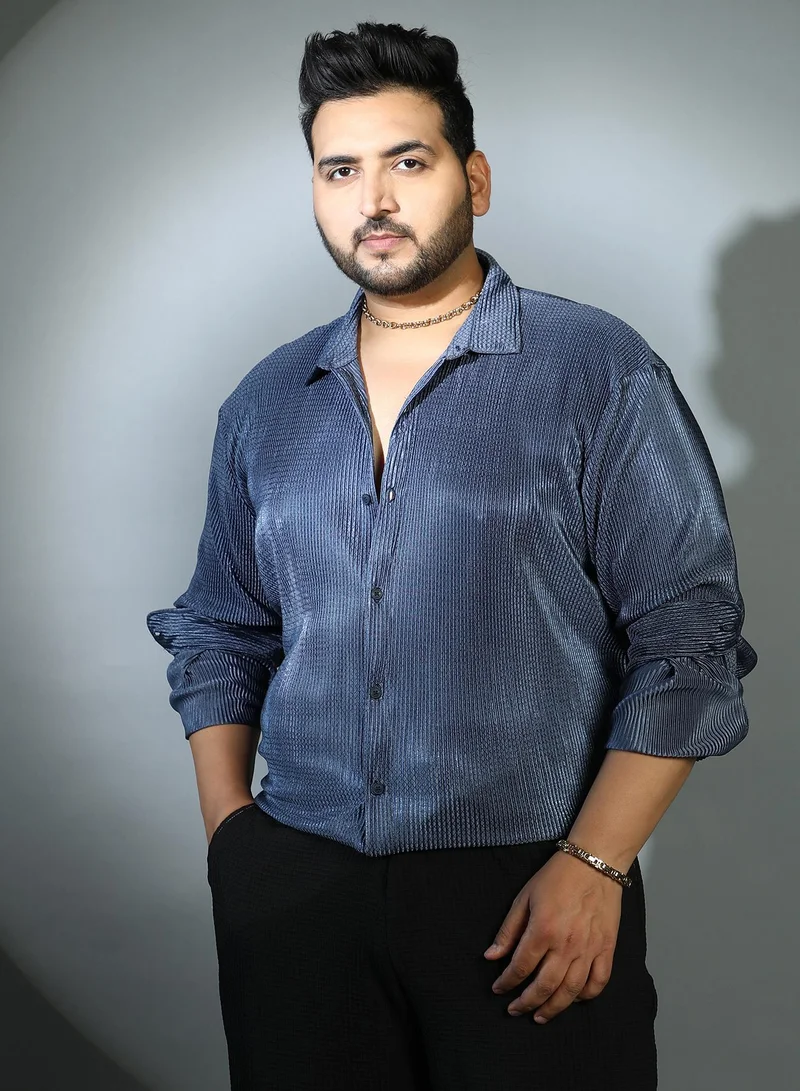 Instafab Plus Instafab Plus Men's Navy Blue Textured-Pleat Shirt For Casual Wear | Spread Collar | Long Cuffed Sleeves | Button Closure | Plus Size Shirt Crafted With Comfort Fit For Everyday Wear