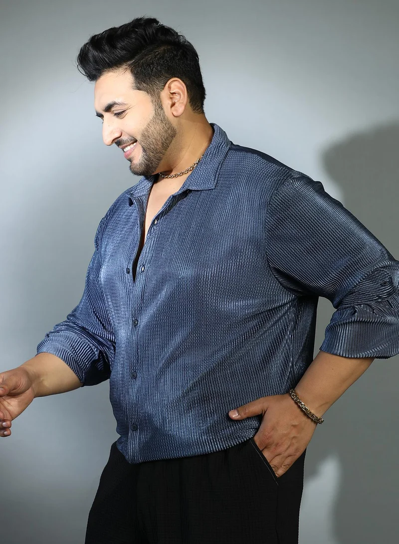 Instafab Plus  Instafab Plus Men's Navy Blue Textured-Pleat Shirt For Casual Wear | Spread Collar | Long Cuffed Sleeves | Button Closure | Plus Size Shirt Crafted With Comfort Fit For Everyday Wear for Men | Best Price UAE