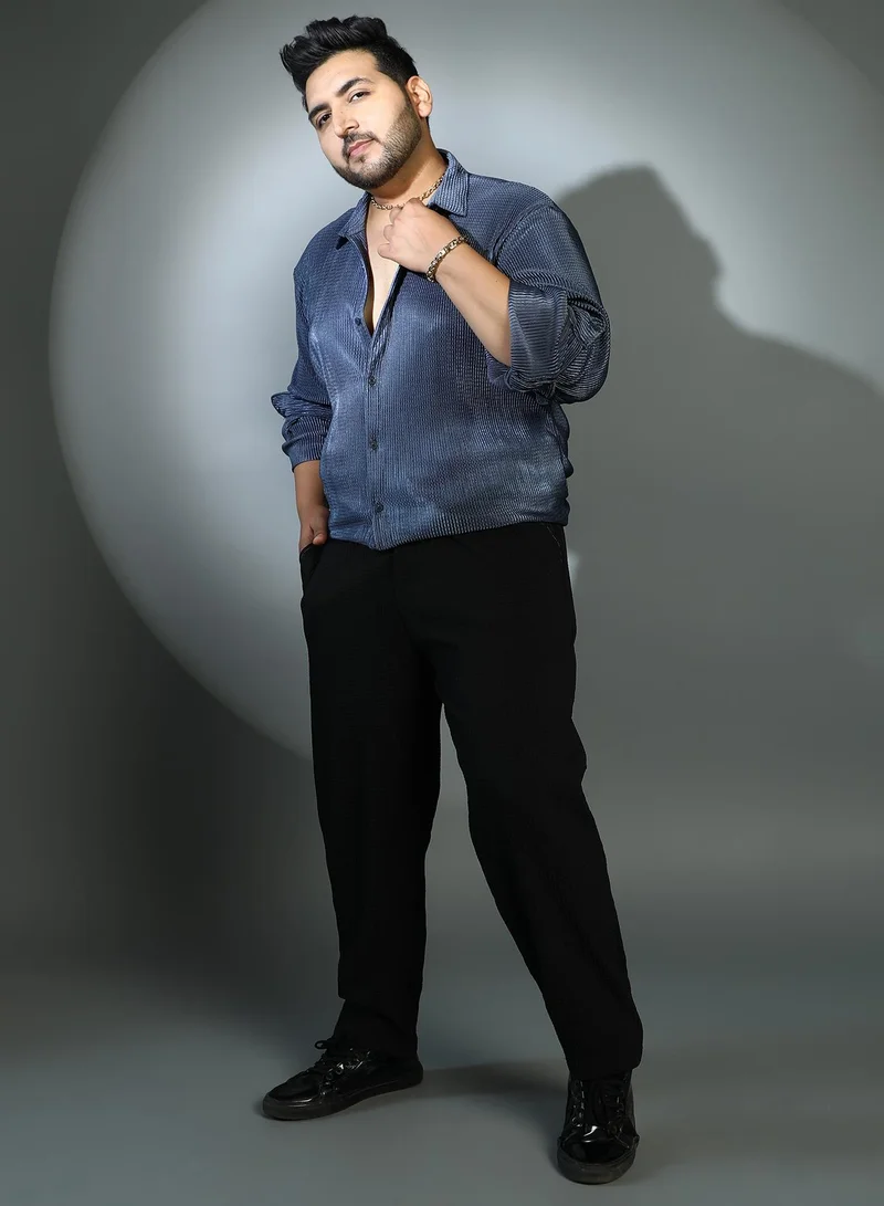 Instafab Plus  Instafab Plus Men's Navy Blue Textured-Pleat Shirt For Casual Wear | Spread Collar | Long Cuffed Sleeves | Button Closure | Plus Size Shirt Crafted With Comfort Fit For Everyday Wear for Men | Best Price UAE