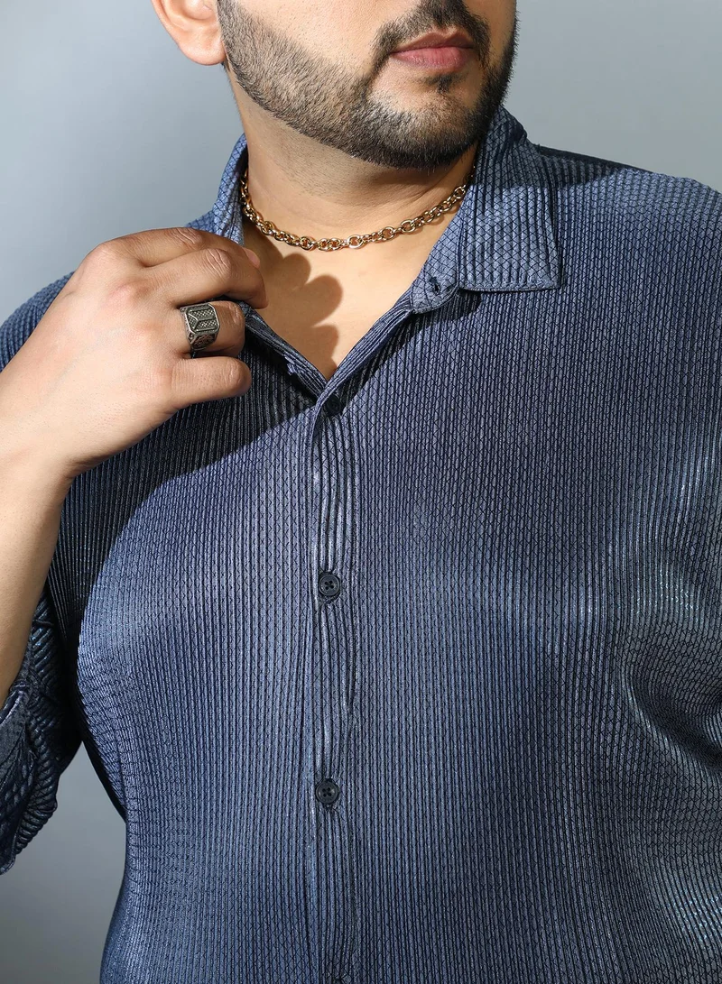 Instafab Plus  Instafab Plus Men's Navy Blue Textured-Pleat Shirt For Casual Wear | Spread Collar | Long Cuffed Sleeves | Button Closure | Plus Size Shirt Crafted With Comfort Fit For Everyday Wear for Men | Best Price UAE