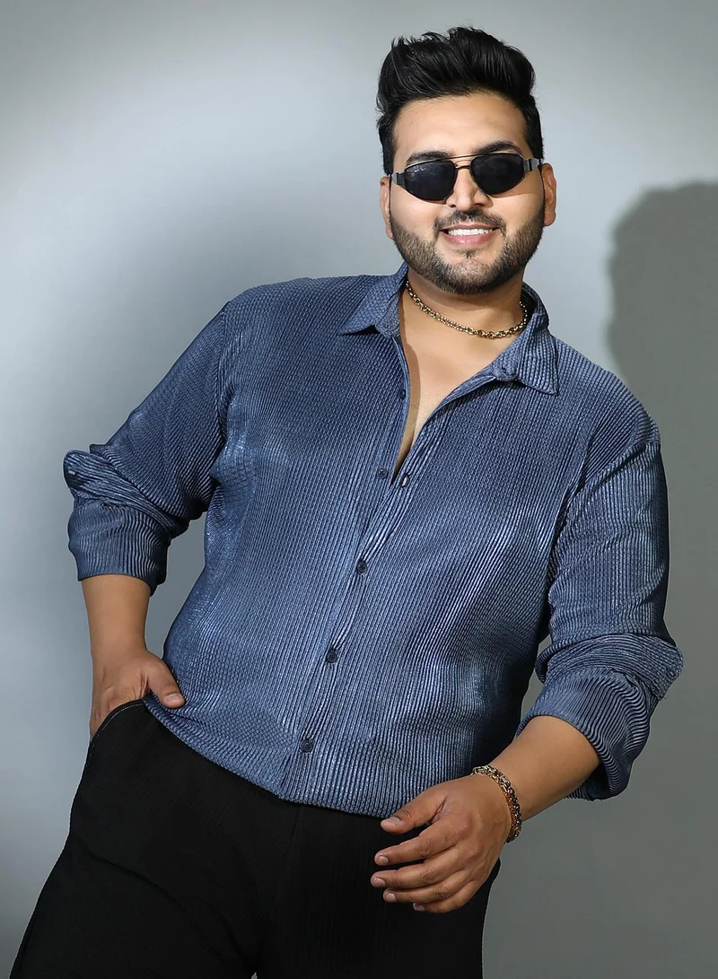 Instafab Plus Instafab Plus Men's Navy Blue Textured-Pleat Shirt For Casual Wear | Spread Collar | Long Cuffed Sleeves | Button Closure | Plus Size Shirt Crafted With Comfort Fit For Everyday Wear