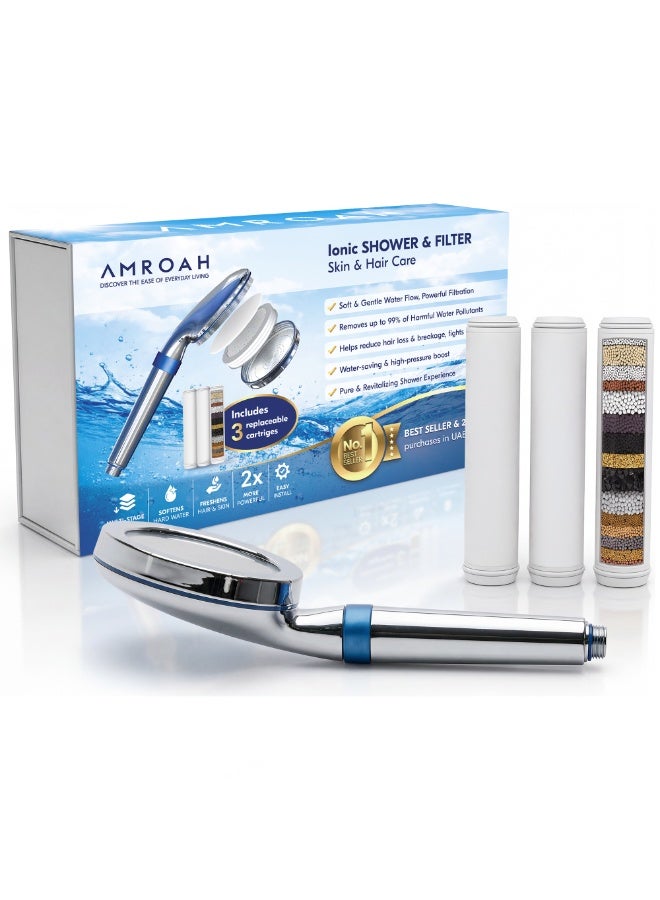 AMROAH Premium High Pressure Shower Head with Handheld, 9-Layer Filtration System, 3 Replaceable Cartridges for Hard Water, Removes Chlorine, Helps Reduce Dry Itchy Skin, Water Softener Filter Beads, Chrome - Image 1