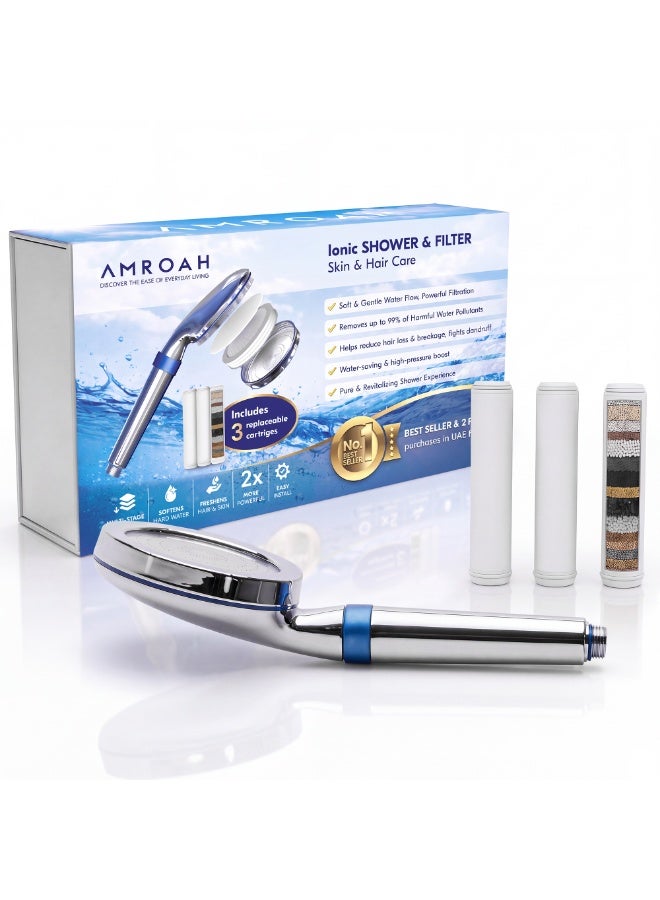 AMROAH Premium High Pressure Shower Head with Handheld, 9-Layer Filtration System, 3 Replaceable Cartridges for Hard Water, Removes Chlorine, Helps Reduce Dry Itchy Skin, Water Softener Filter Beads, Chrome - Image 1