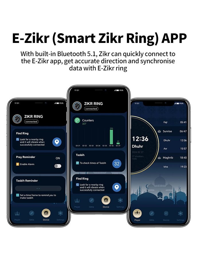 خاتم التسبيح الرقمي الذكي المحسن، خاتم تسبيح صلاة المسلمين، تذكير بأوقات الصلاة، عداد تسبيح بشاشة OLED بثلاثة أحجام (18 و20 و22 مم)