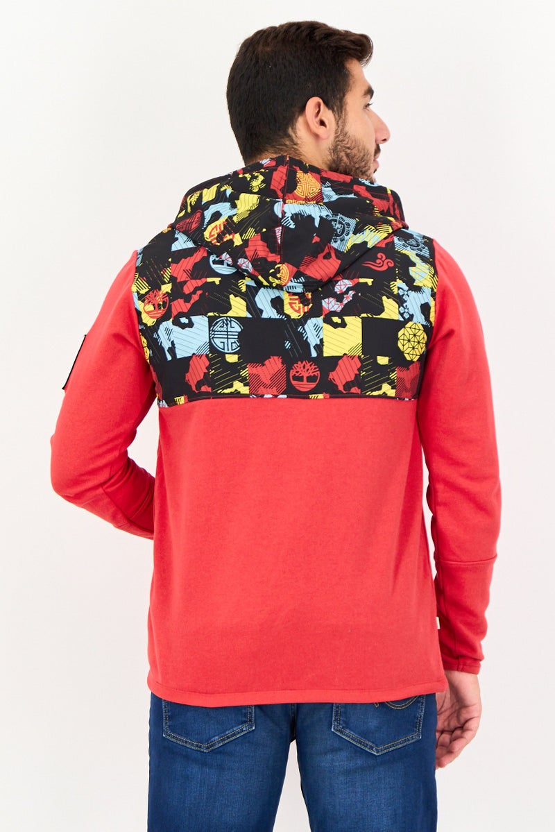 Timberland Men Graphic Print Long Sleeve Half Zip Hoodie, Red - Image 2