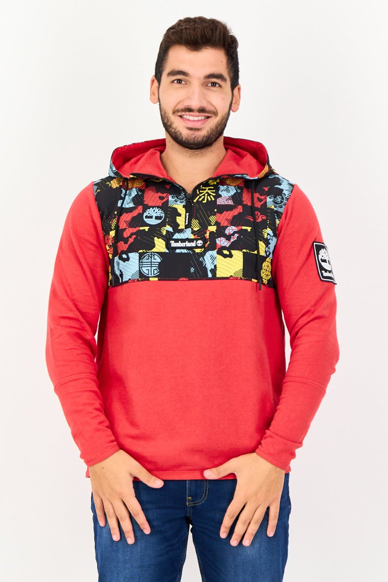 Timberland Men Graphic Print Long Sleeve Half Zip Hoodie, Red - Image 1