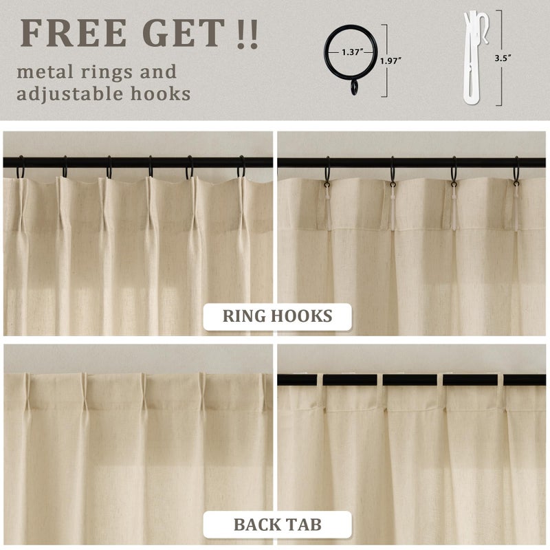 DUKIYO Pinch Pleated Linen Sheer Curtains 108 Inches Long for Living Dining Room with Hooks Rings Back Tab Pinch Pleat Drapes Extra Long Beige Tan Light Filtering 108 Inch Curtains for Bedroom 9FT 1 Panel - Image 4