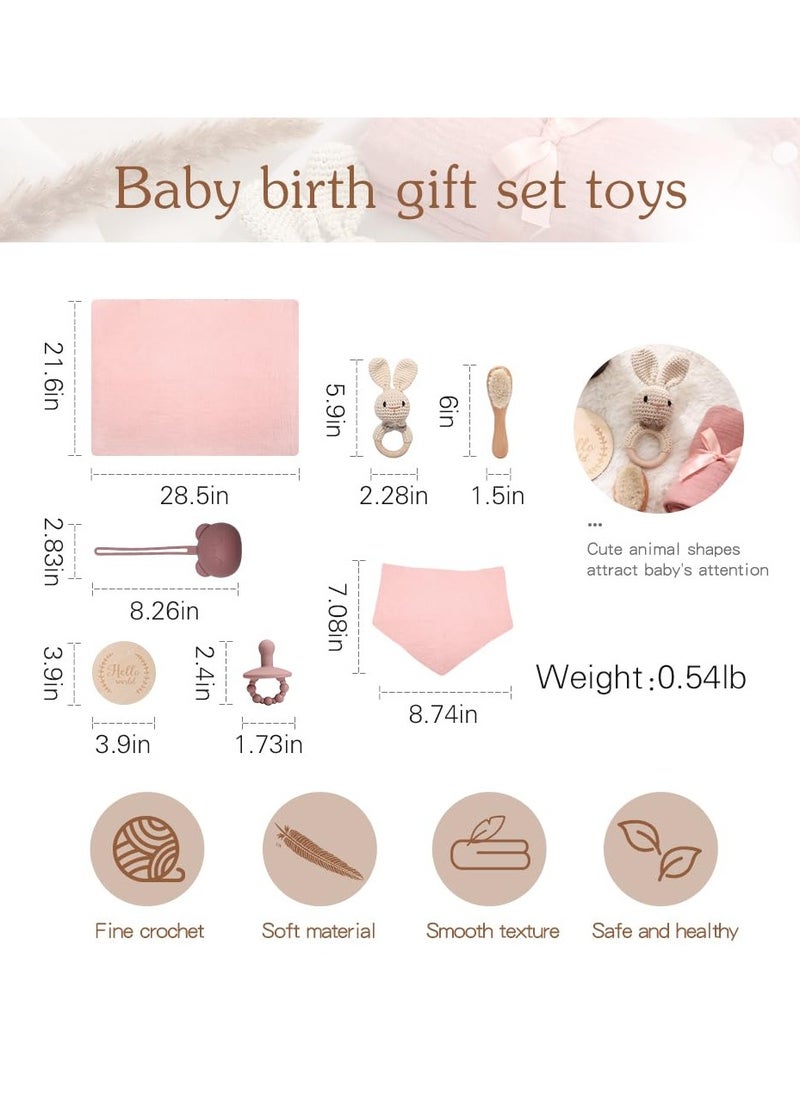 Mr. Penda - 8 Pcs Baby Gift Set, New Mom Gifts with Muslin Blanket, Bib, Bunny Rattle Toy, Pacifier, Silicone Pacifier Case, Wooden Brush, Milestone Cards, Baby Gift Basket Great for Expecting Parents to Be, Gender Reveal, Baby Shower (Pink) - Image 1