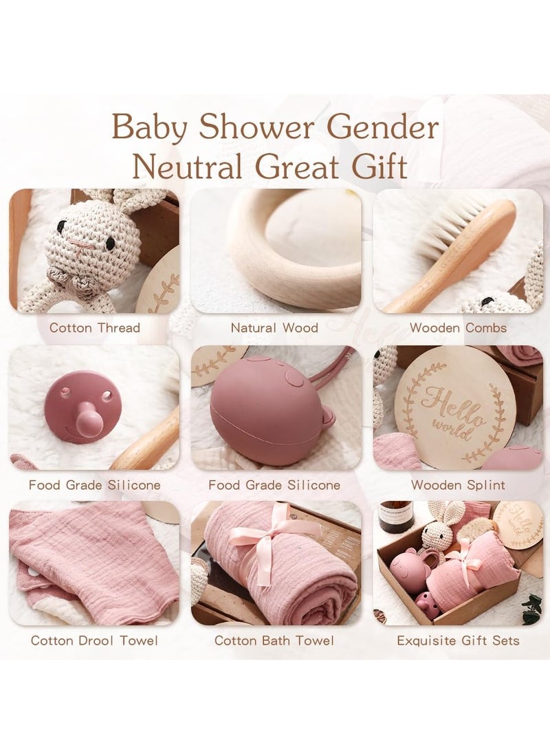 Mr. Penda - 8 Pcs Baby Gift Set, New Mom Gifts with Muslin Blanket, Bib, Bunny Rattle Toy, Pacifier, Silicone Pacifier Case, Wooden Brush, Milestone Cards, Baby Gift Basket Great for Expecting Parents to Be, Gender Reveal, Baby Shower (Pink) - Image 1