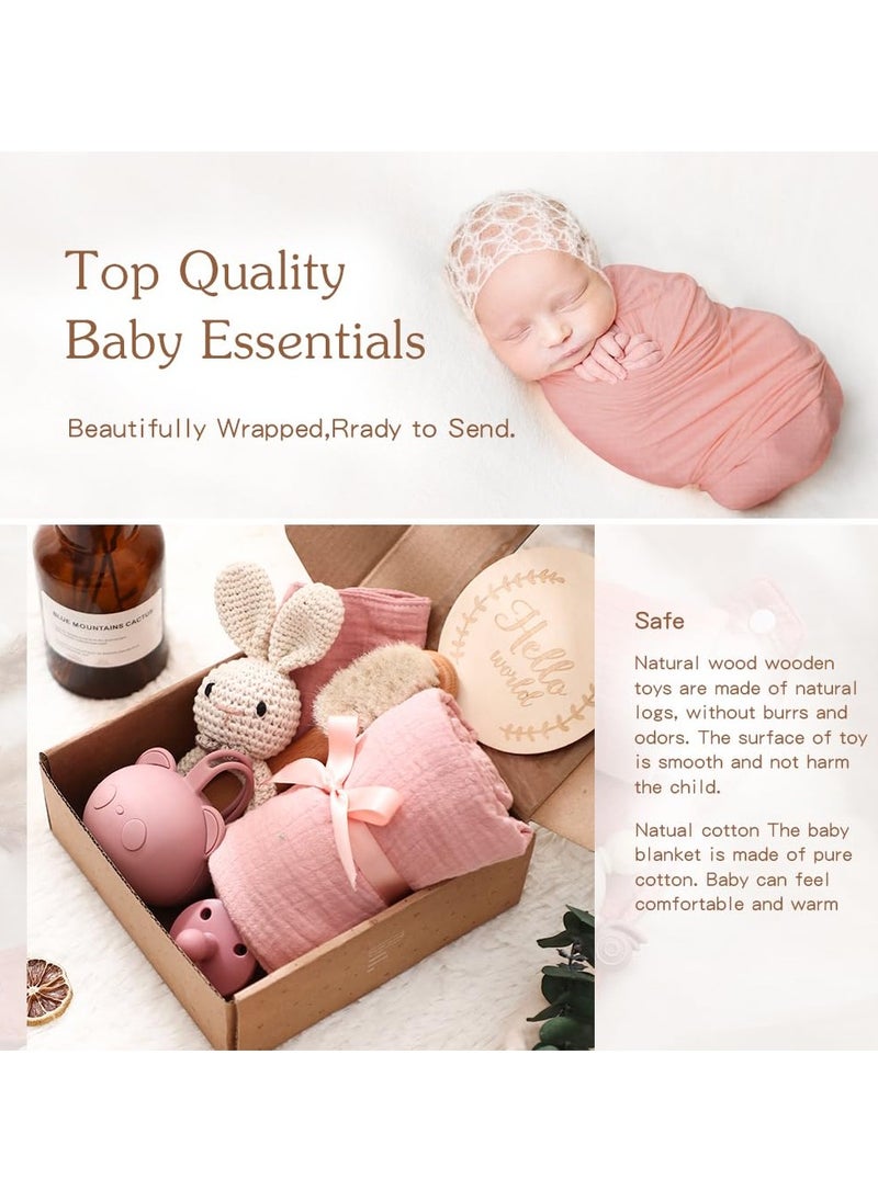 Mr. Penda - 8 Pcs Baby Gift Set, New Mom Gifts with Muslin Blanket, Bib, Bunny Rattle Toy, Pacifier, Silicone Pacifier Case, Wooden Brush, Milestone Cards, Baby Gift Basket Great for Expecting Parents to Be, Gender Reveal, Baby Shower (Pink) - Image 1