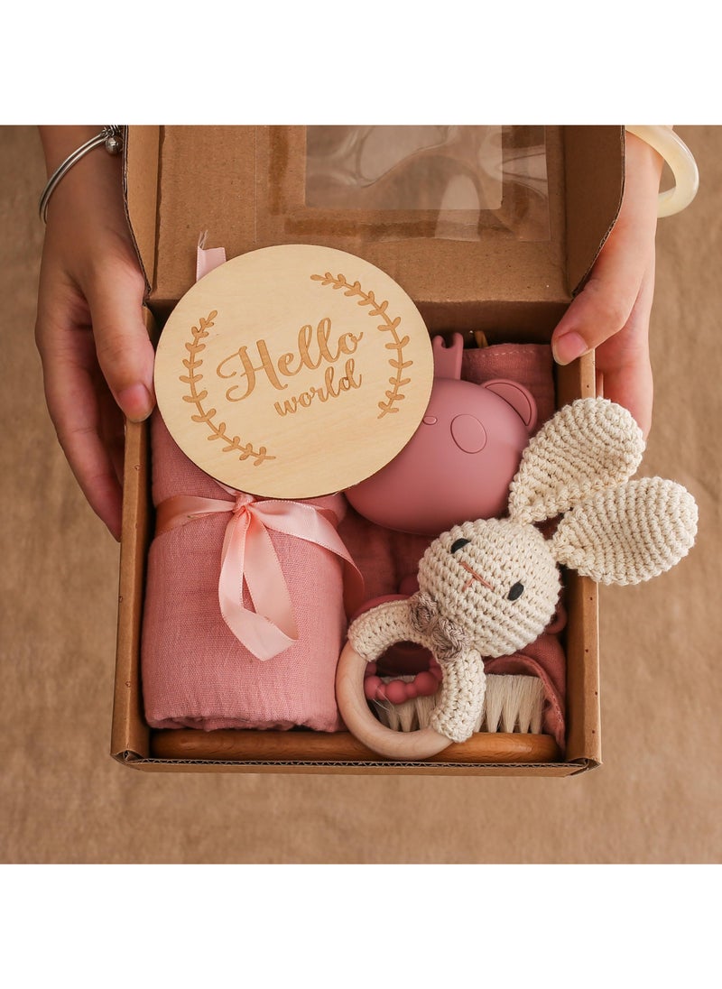 Mr. Penda - 8 Pcs Baby Gift Set, New Mom Gifts with Muslin Blanket, Bib, Bunny Rattle Toy, Pacifier, Silicone Pacifier Case, Wooden Brush, Milestone Cards, Baby Gift Basket Great for Expecting Parents to Be, Gender Reveal, Baby Shower (Pink) - Image 1