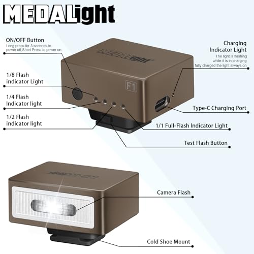 MEDALight F1 Mini Camera Flash Camera Flash Speedlite for Ricoh (GR3/GR3X,etc.) Fuji/Sony ZV1/Nikon/Canon,Digital Film Cameras,Portable Mini hot Shoe Flashlight for DSLR Cameras.(Brown Rosegold) - Image 2