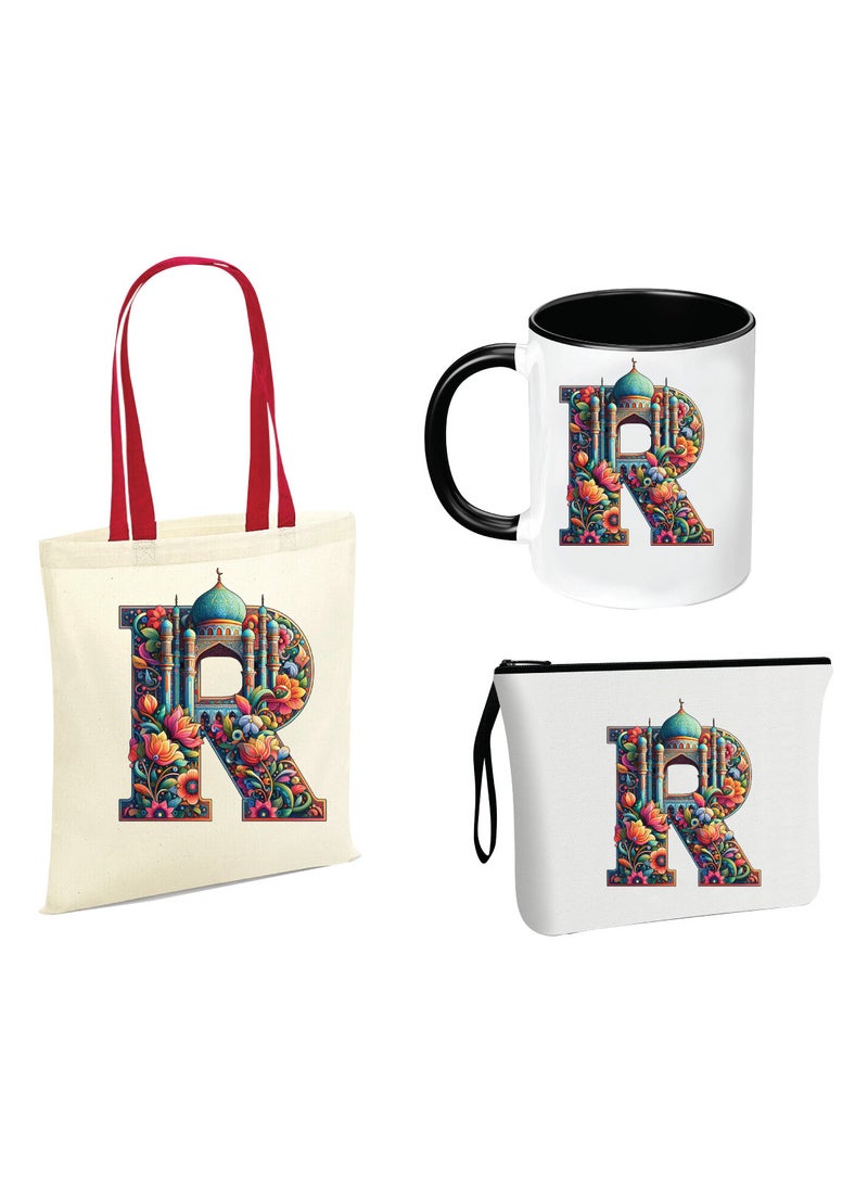 PRINTSHOP4ME Pack of 3 Initial Monogram Gift Set - Black Coffee Mug, Cosmetic Bag and Cotton Tote bag Set - Gift Set for Her - Perfect for Ramadan, School, Travel and Birthday Gift  - Image 1