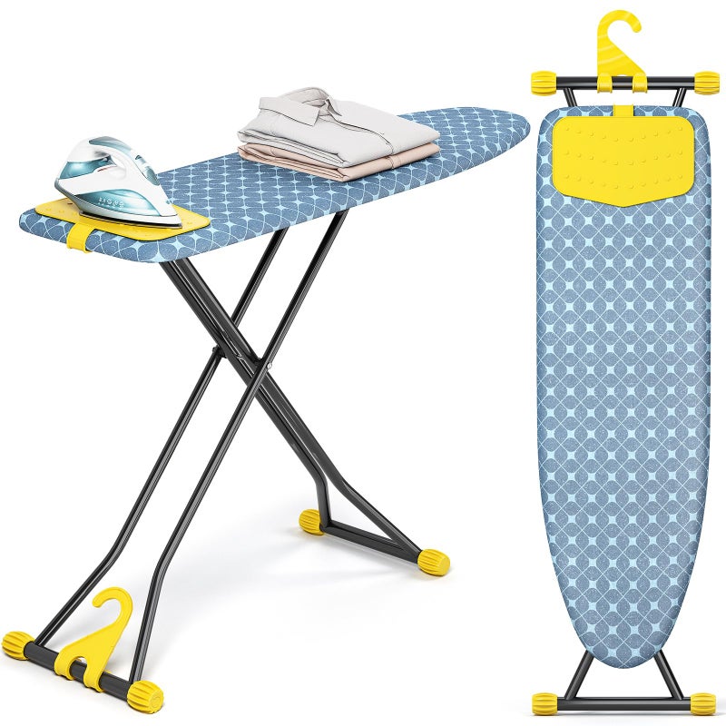KINGBOARD Ironing Board, Compact Iron Board with Silicon Iron Mat, Heat Resistant Cover, 7 Height Adjustable, Foldable Ironing Board Wall Mount Hanger, 13x43 Yellow - Image 1