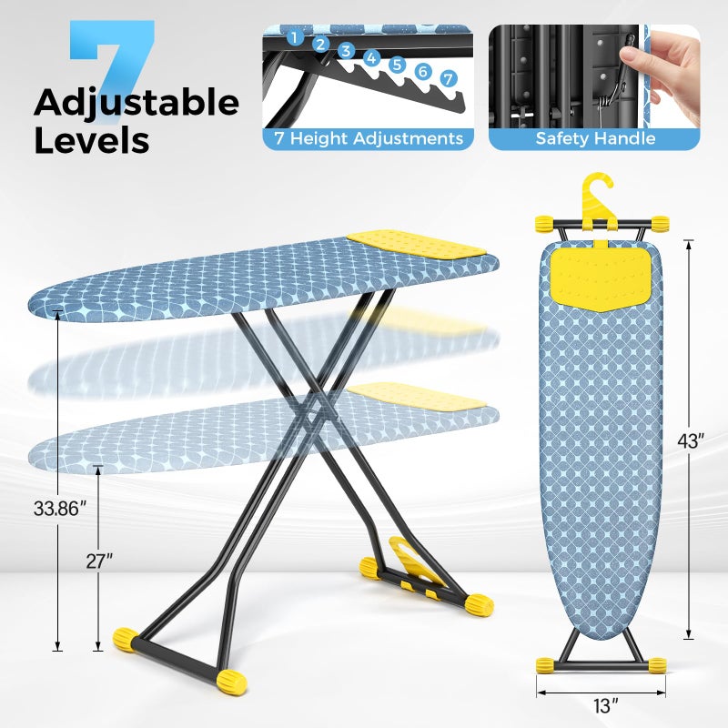 KINGBOARD Ironing Board, Compact Iron Board with Silicon Iron Mat, Heat Resistant Cover, 7 Height Adjustable, Foldable Ironing Board Wall Mount Hanger, 13x43 Yellow - Image 2