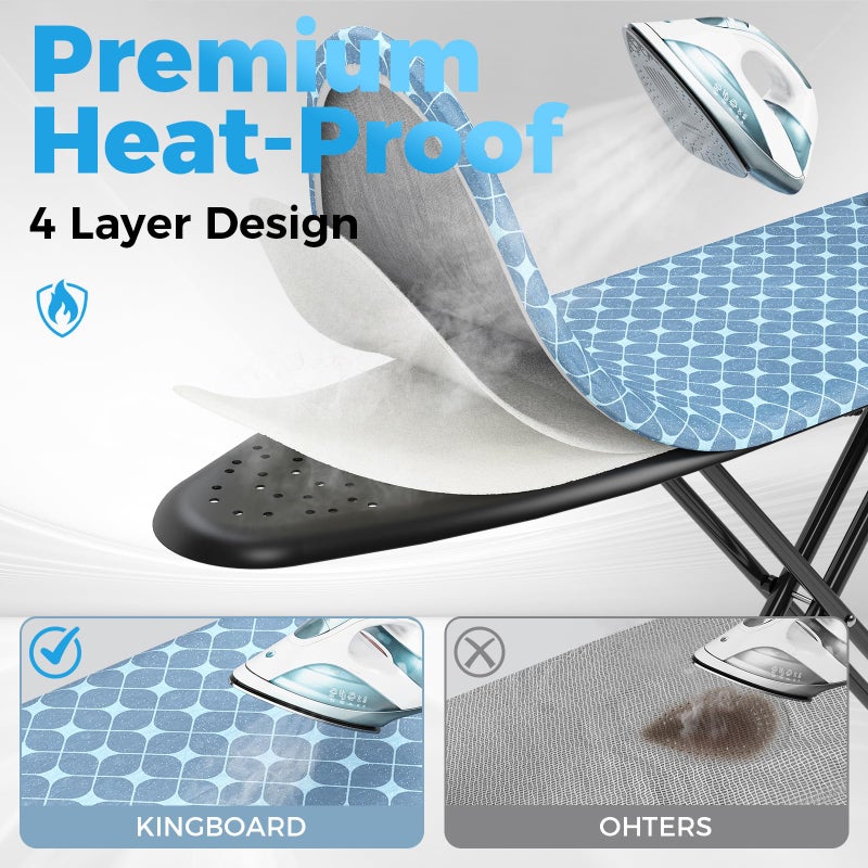 KINGBOARD Ironing Board, Compact Iron Board with Silicon Iron Mat, Heat Resistant Cover, 7 Height Adjustable, Foldable Ironing Board Wall Mount Hanger, 13x43 Yellow - Image 4