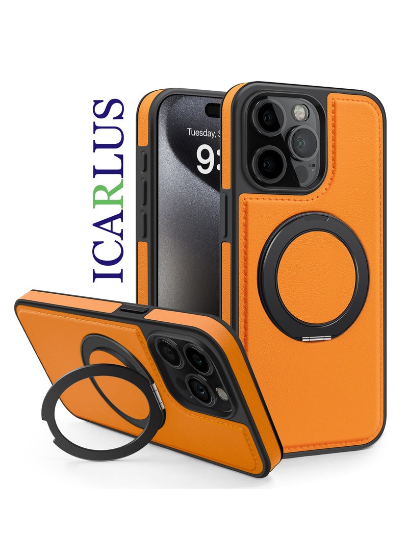 ICARLUS For iPhone 15 Pro max PU Leather+PC+TPU Phone Cover Ring Kickstand Magnetic Phone Case - Orange  - Image 1