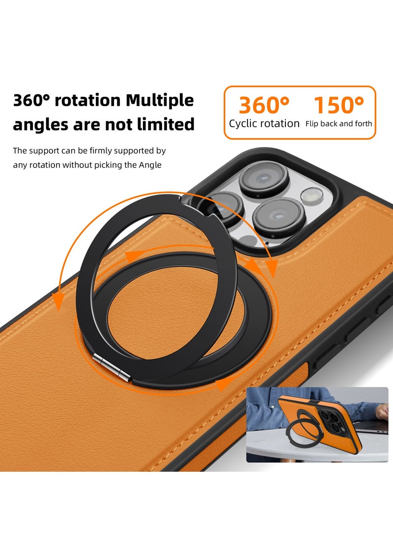 ICARLUS For iPhone 15 Pro max PU Leather+PC+TPU Phone Cover Ring Kickstand Magnetic Phone Case - Orange  - Image 2