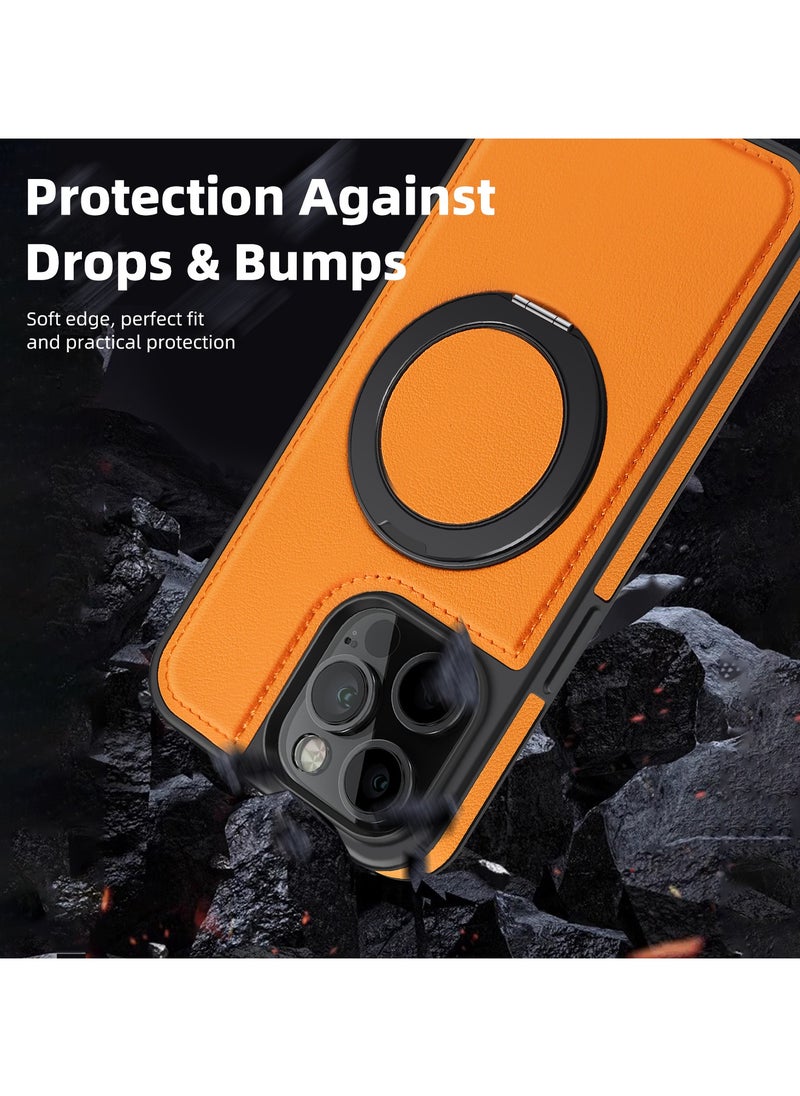 ICARLUS For iPhone 15 Pro max PU Leather+PC+TPU Phone Cover Ring Kickstand Magnetic Phone Case - Orange  - Image 3