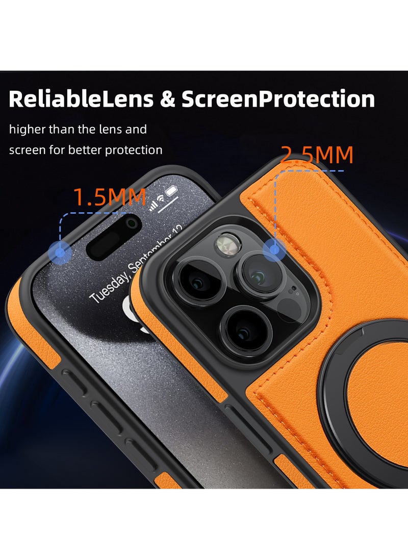 ICARLUS For iPhone 15 Pro max PU Leather+PC+TPU Phone Cover Ring Kickstand Magnetic Phone Case - Orange  - Image 4