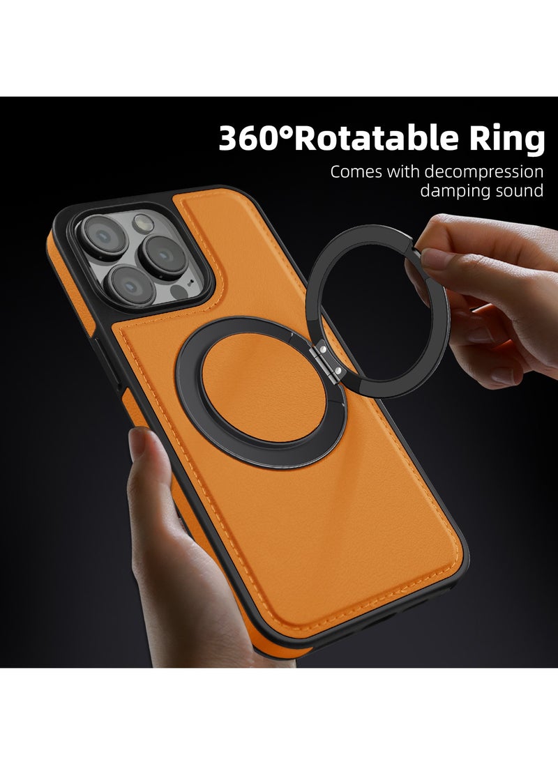ICARLUS For iPhone 15 Pro max PU Leather+PC+TPU Phone Cover Ring Kickstand Magnetic Phone Case - Orange  - Image 5