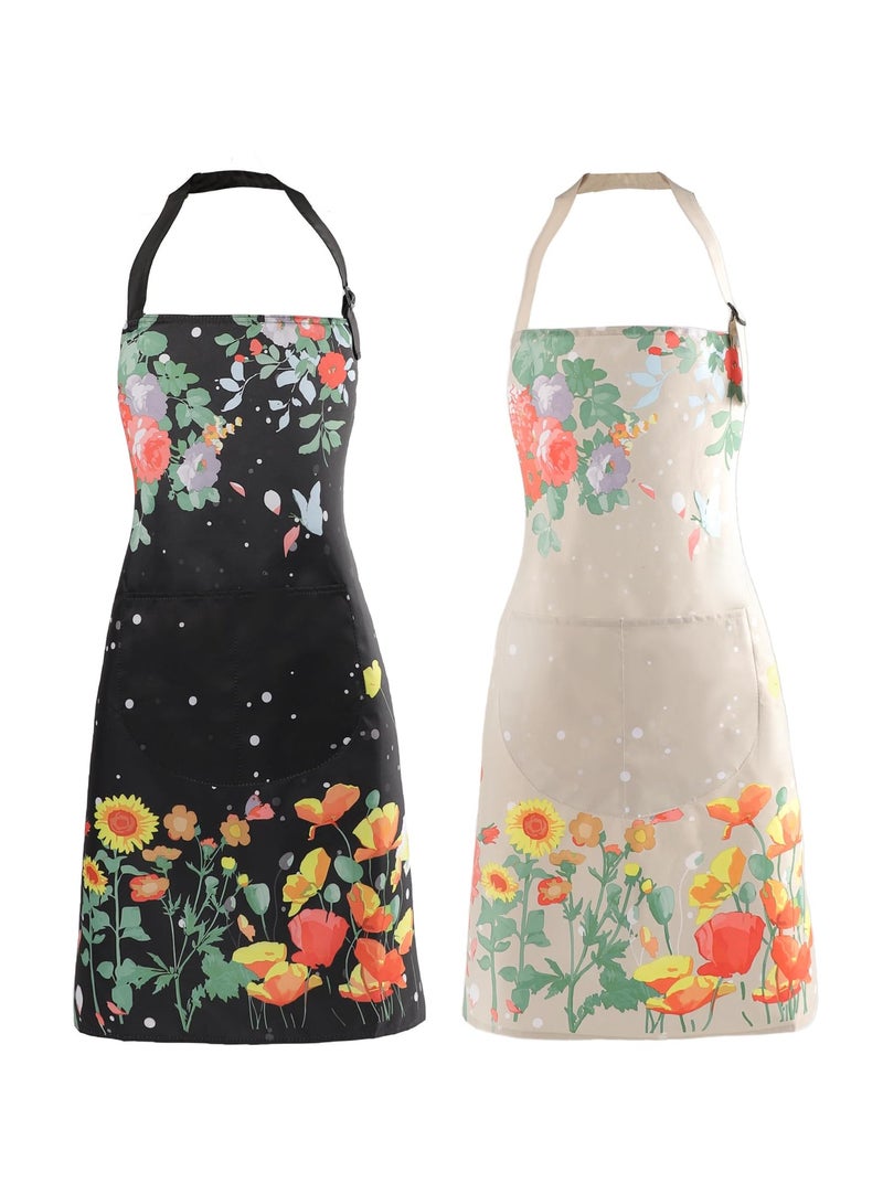 Apron for Women with Pockets, 2 Pcs Waterproof Floral Apron with Adjustable Neck Strap for Cooking, Baking, Gardening, Crafts - Image 1