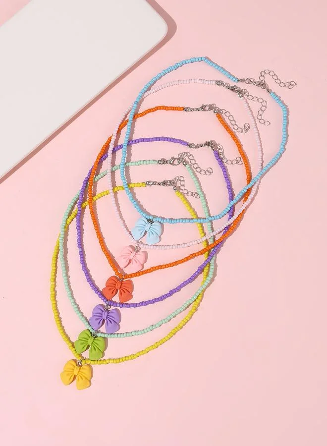 Take Two Pack of 6 - Girls Multi-Color Beaded Necklaces with Bow Pendant