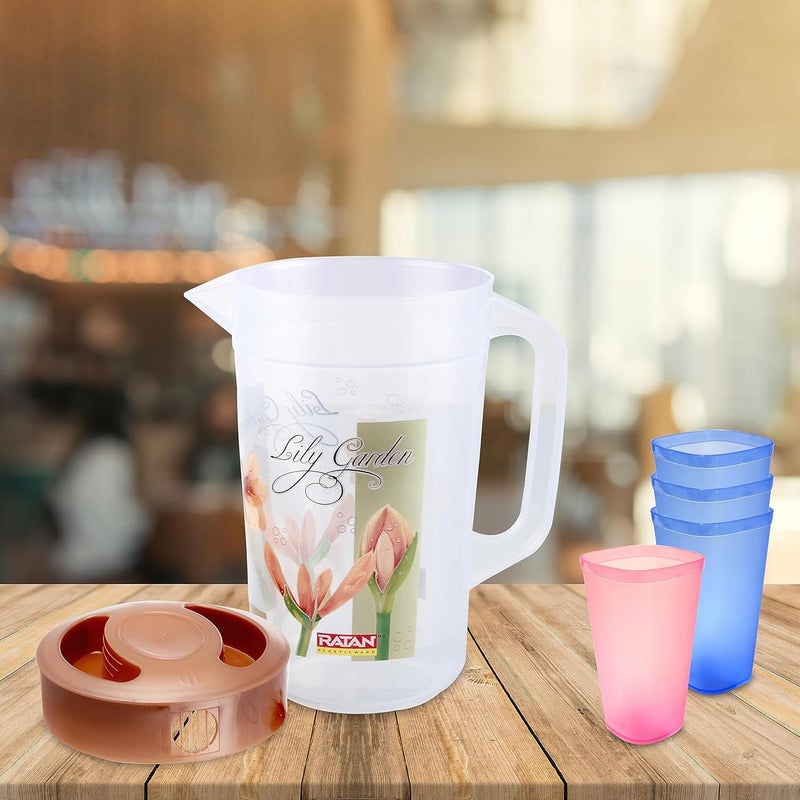 RATAN PLASTICWARE إبريق بلاستيك راتان مزخرف بحديقة زنبق مع غطاء سعة 1700 مل لون لؤلؤي بيج ونيون وردي آمن للاستخدام في الثلاجة لتقديم الماء والعصائر والشيكات والشاي - Image 5