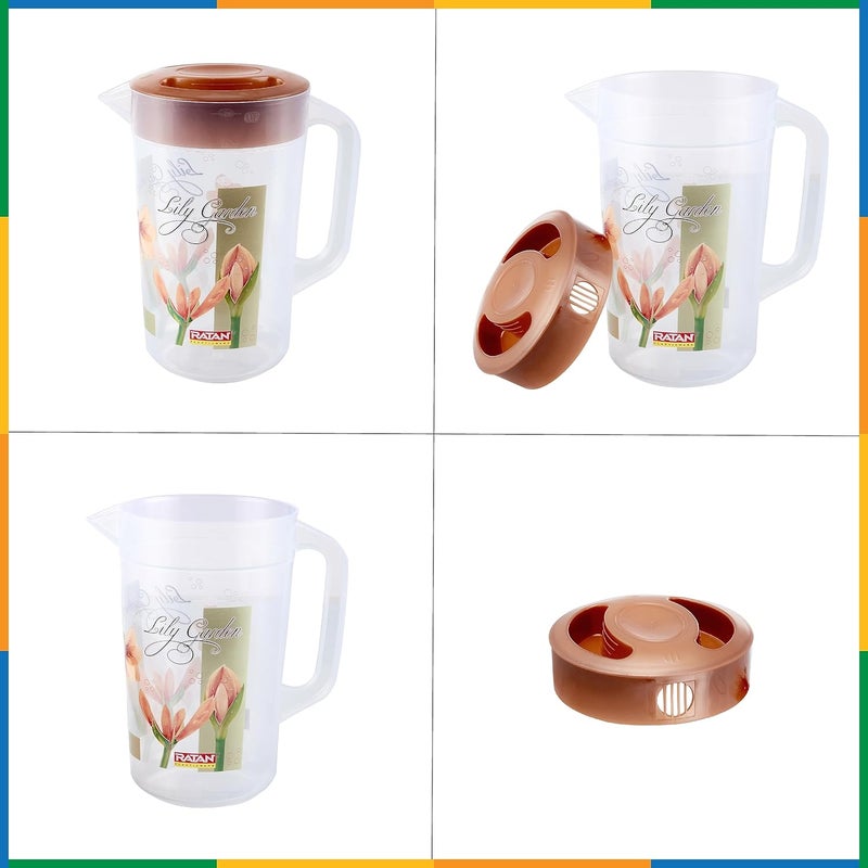 RATAN PLASTICWARE إبريق بلاستيك راتان مزخرف بحديقة زنبق مع غطاء سعة 1700 مل لون لؤلؤي بيج ونيون وردي آمن للاستخدام في الثلاجة لتقديم الماء والعصائر والشيكات والشاي - Image 3