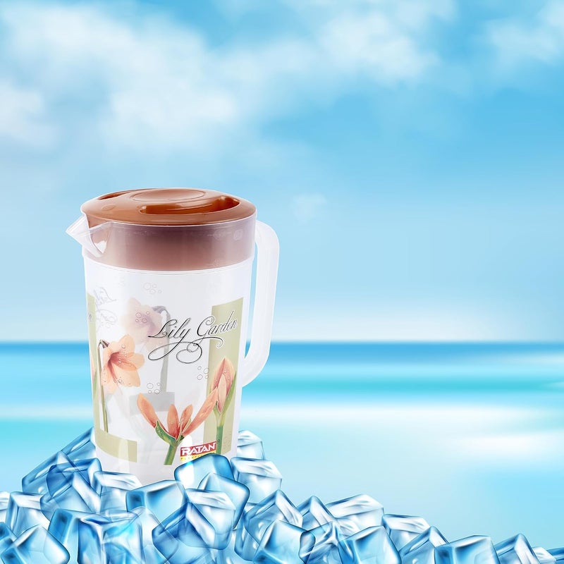 RATAN PLASTICWARE إبريق بلاستيك راتان مزخرف بحديقة زنبق مع غطاء سعة 1700 مل لون لؤلؤي بيج ونيون وردي آمن للاستخدام في الثلاجة لتقديم الماء والعصائر والشيكات والشاي - Image 4