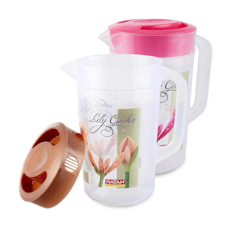 RATAN PLASTICWARE إبريق بلاستيك راتان مزخرف بحديقة زنبق مع غطاء سعة 1700 مل لون لؤلؤي بيج ونيون وردي آمن للاستخدام في الثلاجة لتقديم الماء والعصائر والشيكات والشاي - Image 1