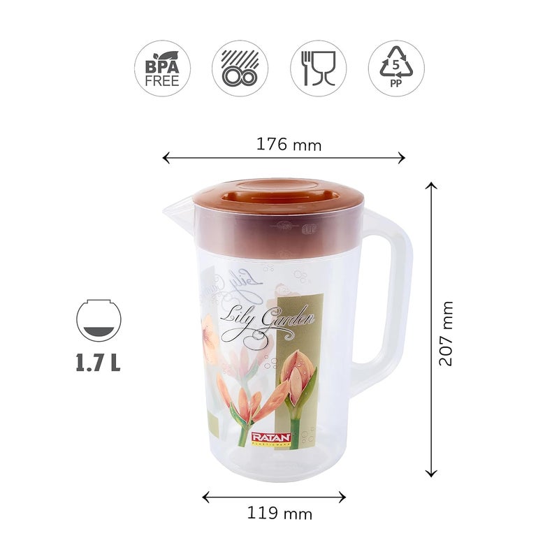 RATAN PLASTICWARE إبريق بلاستيك راتان مزخرف بحديقة زنبق مع غطاء سعة 1700 مل لون لؤلؤي بيج ونيون وردي آمن للاستخدام في الثلاجة لتقديم الماء والعصائر والشيكات والشاي - Image 2