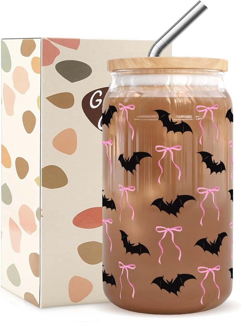 RVEAFA Cute Halloween Bat & Pink Bows Iced Coffee Cup Halloween Glass Cups Gifts for Women Men Kids Teen 16oz Glass Tumbler with Lid and Straw - Image 1