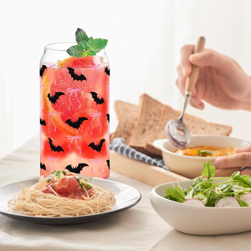 RVEAFA Cute Halloween Bat & Pink Bows Iced Coffee Cup Halloween Glass Cups Gifts for Women Men Kids Teen 16oz Glass Tumbler with Lid and Straw - Image 5