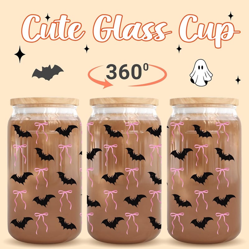 RVEAFA Cute Halloween Bat & Pink Bows Iced Coffee Cup Halloween Glass Cups Gifts for Women Men Kids Teen 16oz Glass Tumbler with Lid and Straw - Image 2