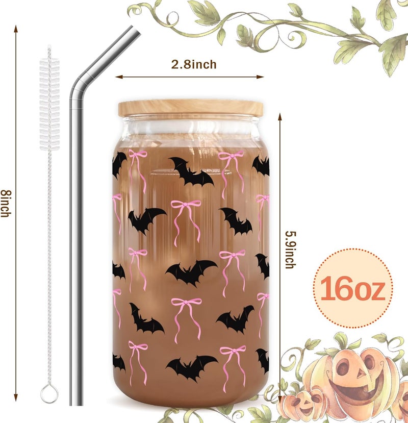 RVEAFA Cute Halloween Bat & Pink Bows Iced Coffee Cup Halloween Glass Cups Gifts for Women Men Kids Teen 16oz Glass Tumbler with Lid and Straw - Image 4