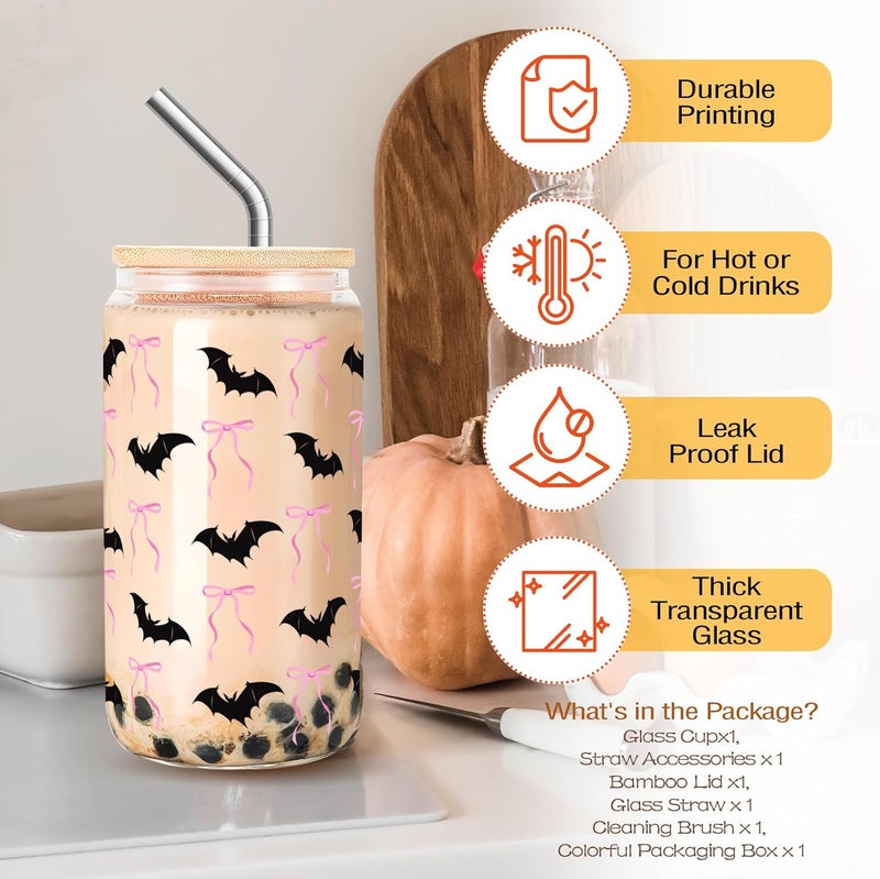 RVEAFA Cute Halloween Bat & Pink Bows Iced Coffee Cup Halloween Glass Cups Gifts for Women Men Kids Teen 16oz Glass Tumbler with Lid and Straw - Image 3